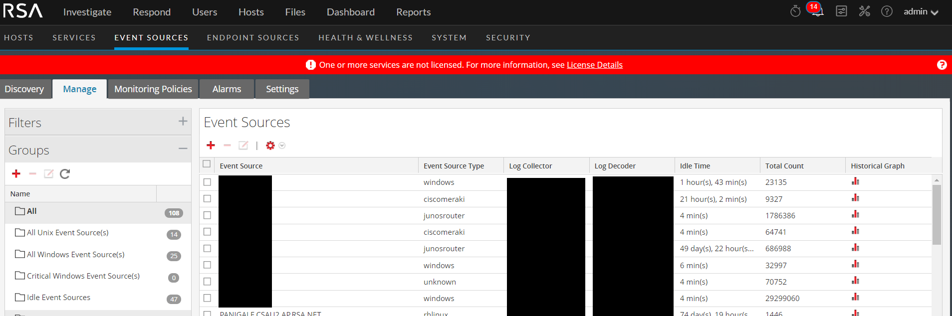 RSA NetWitness 11.x Unable to delete event sources
