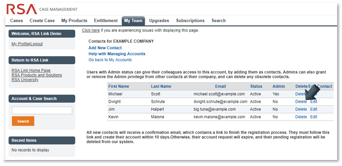 How do I remove a former employee from our company account in RSA Link?
