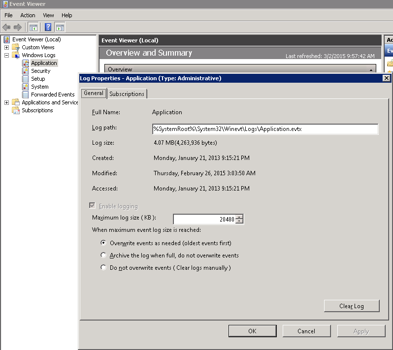 Windows legacy log collection warning message 